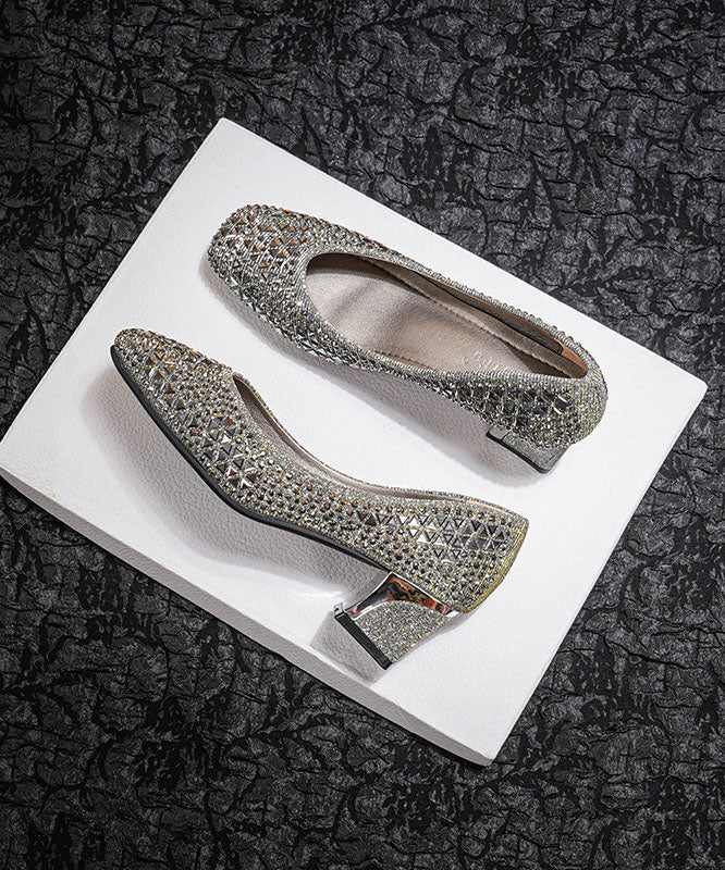 Classy Silver Zircon Chunky High Heels Faux Leather