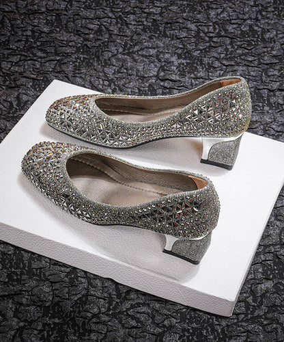 Classy Silver Zircon Chunky High Heels Faux Leather