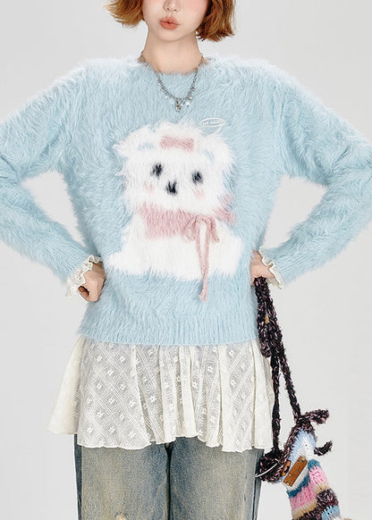 Classy Sky Blue Cute Dog Fuzzy Fur Fluffy Knitted Tops Winter
