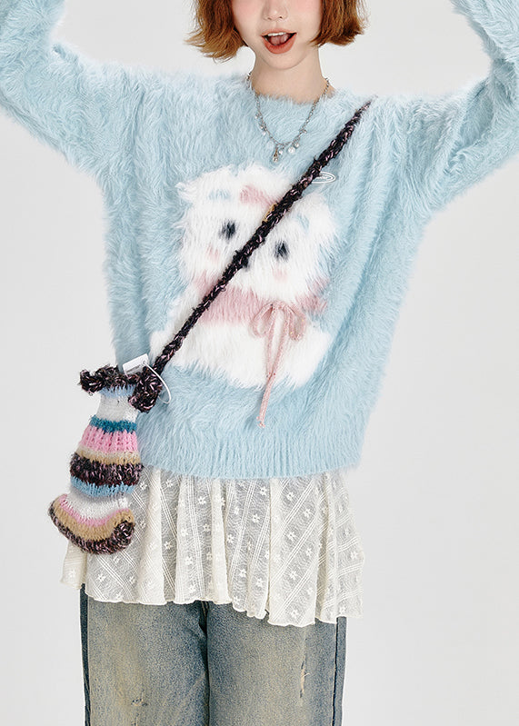 Classy Sky Blue Cute Dog Fuzzy Fur Fluffy Knitted Tops Winter