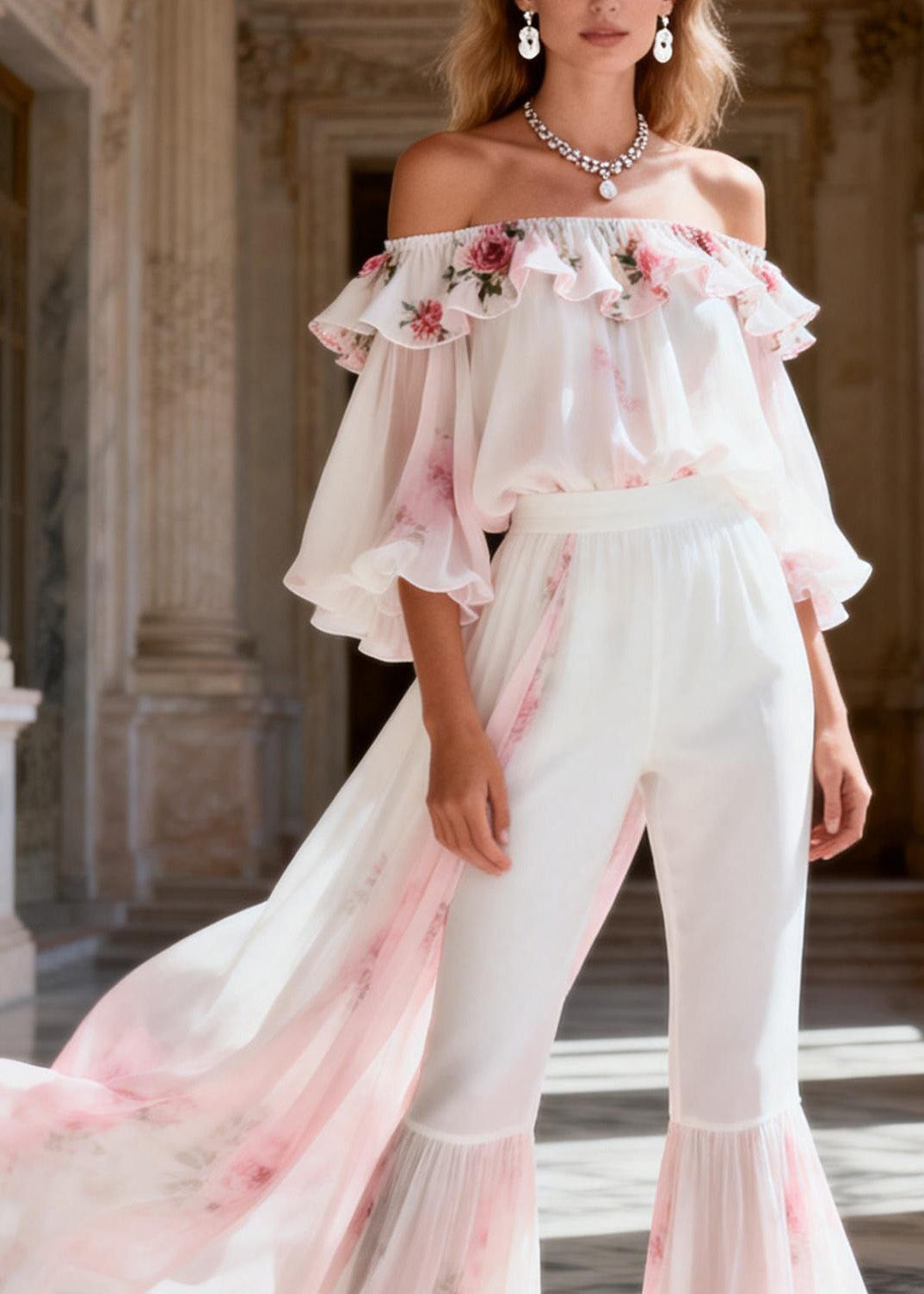 Classy Slash Neck Ruffled Patchwork Chiffon Two Pieces Set Summer