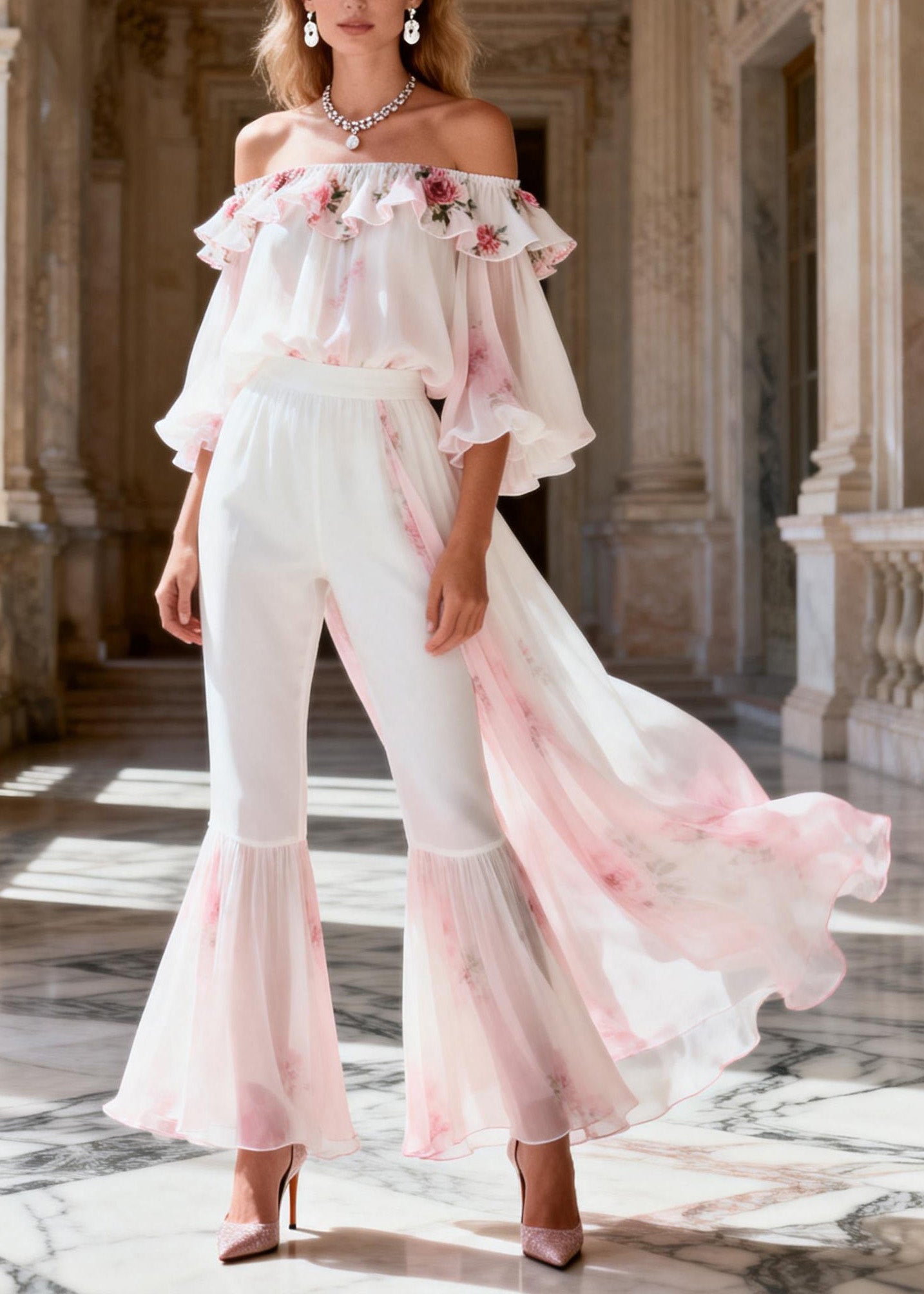 Classy Slash Neck Ruffled Patchwork Chiffon Two Pieces Set Summer