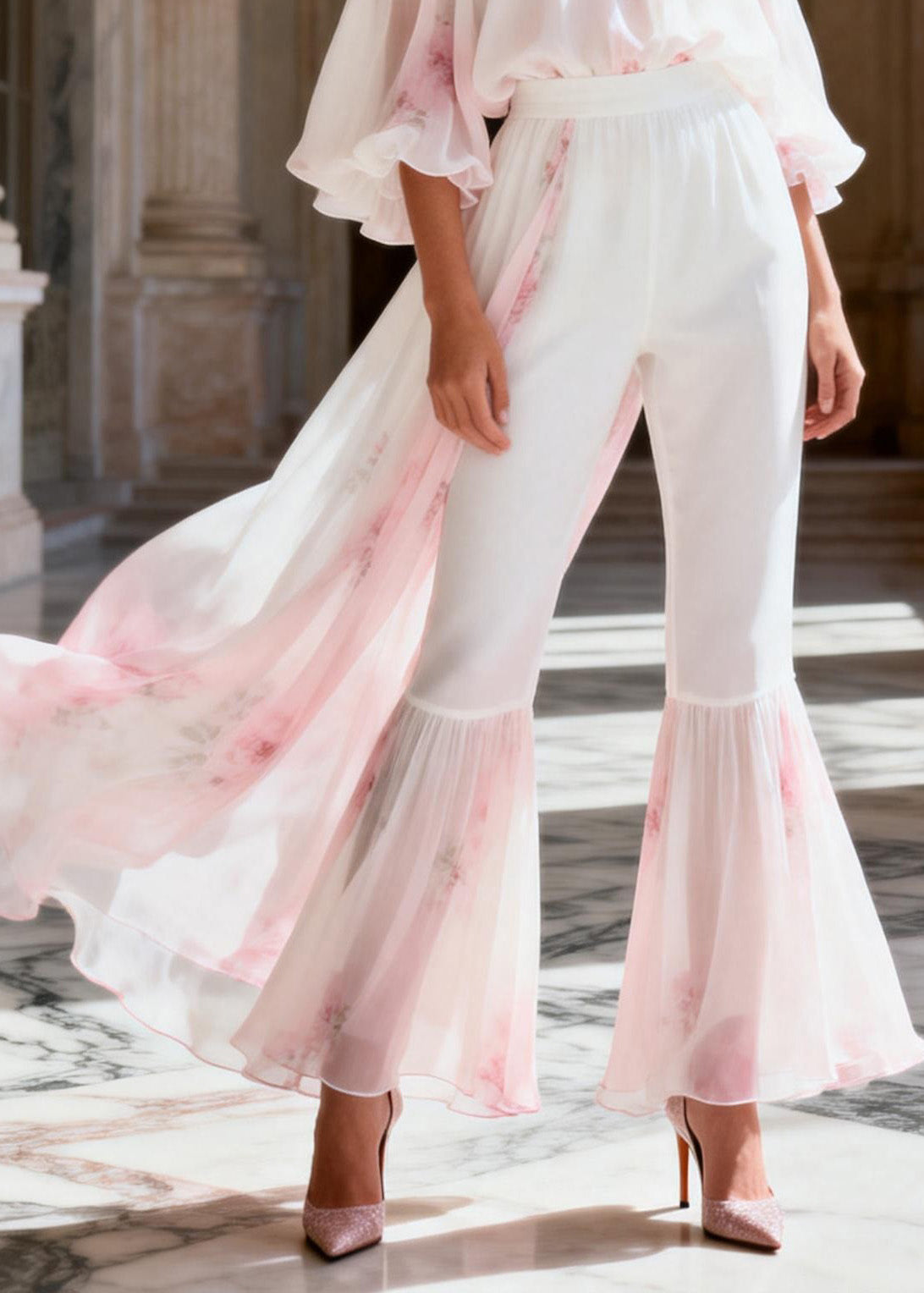 Classy Slash Neck Ruffled Patchwork Chiffon Two Pieces Set Summer