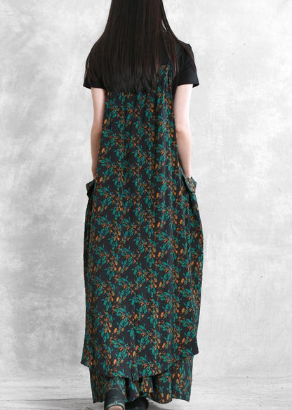 Classy Spaghetti Strap patchwork dress Fashion Ideas blackish green print Dress - SooLinen