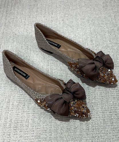 Classy Splicing Bow Pointed Toe Flats Apricot Sheepskin