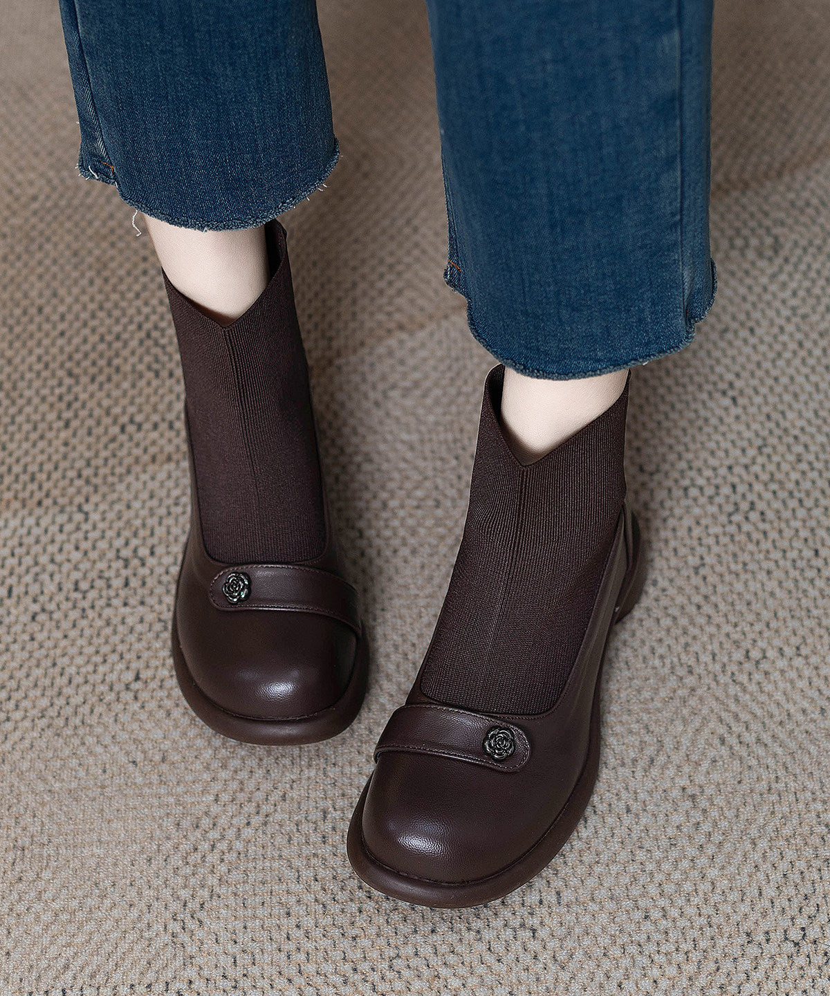 Classy Splicing Chunky Boots Brown Sheepskin