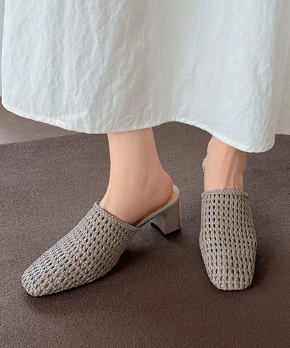 Classy Splicing Chunky Heel Grey Weave Slide Sandals