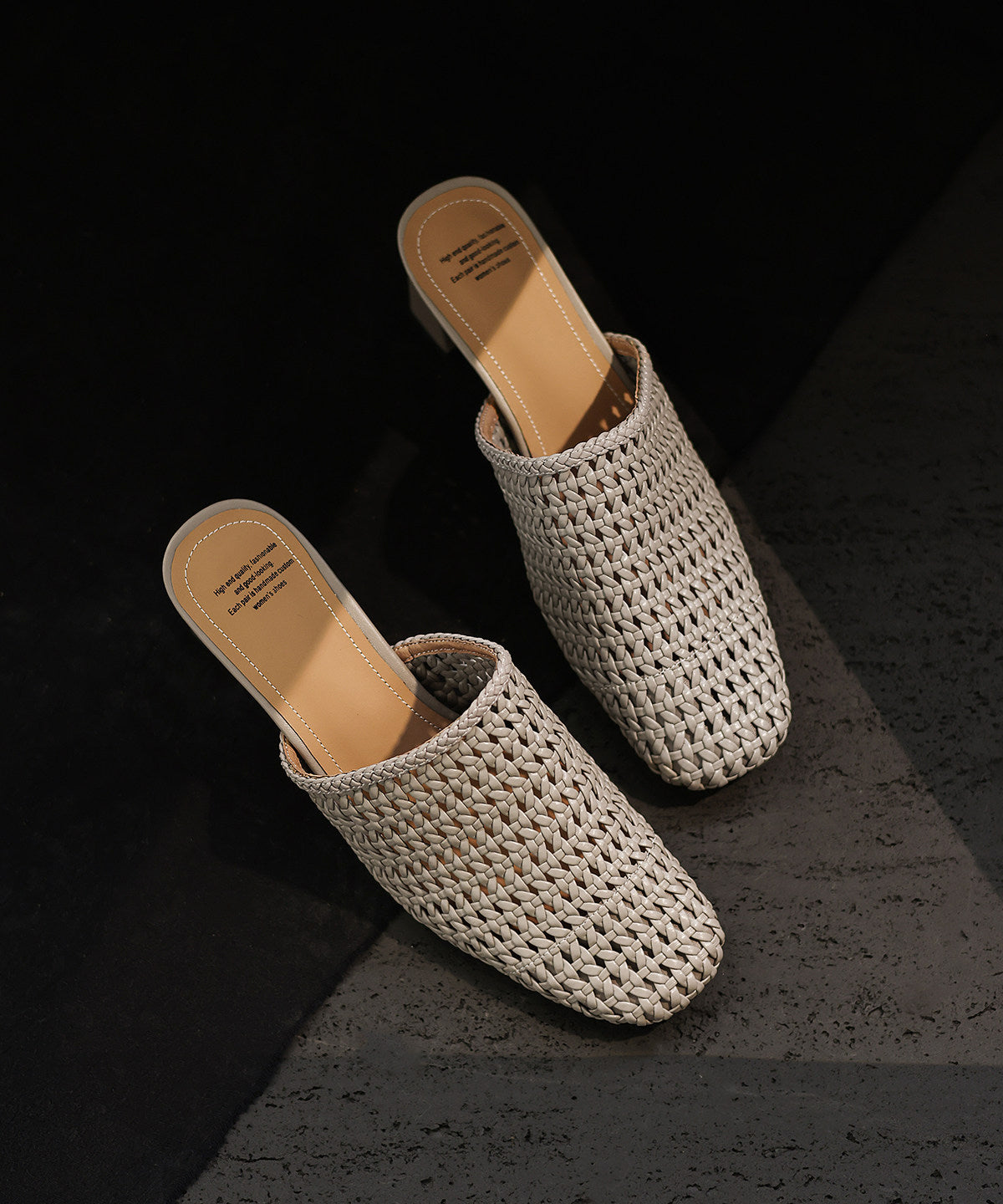 Classy Splicing Chunky Heel Grey Weave Slide Sandals