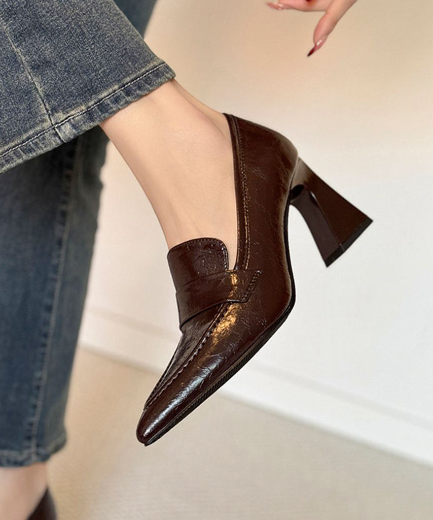 Classy Splicing Chunky High Heels Brown Sheepskin Pointed Toe