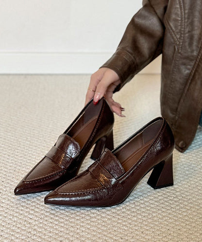 Classy Splicing Chunky High Heels Brown Sheepskin Pointed Toe