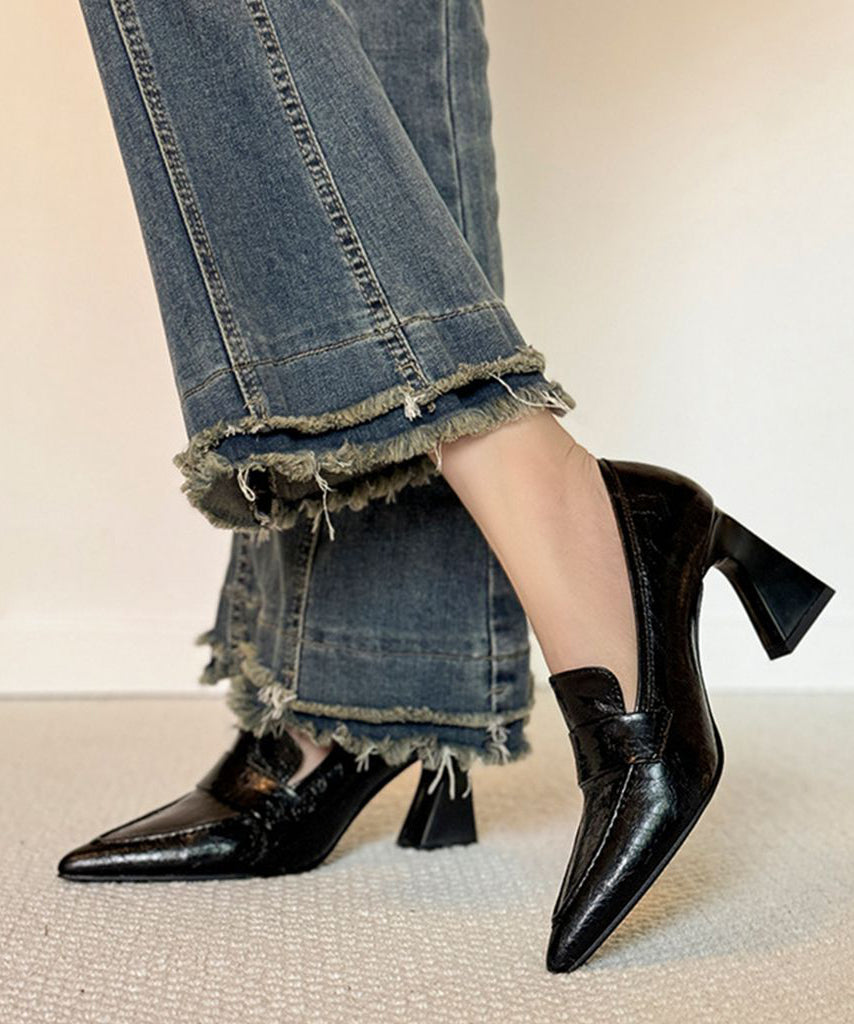 Classy Splicing Chunky High Heels Brown Sheepskin Pointed Toe