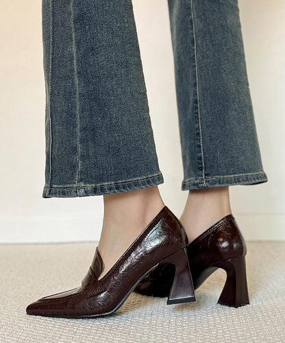 Classy Splicing Chunky High Heels Brown Sheepskin Pointed Toe