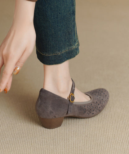 Classy Splicing Chunky High Heels Grey Suede Hollow Out Buckle Strap