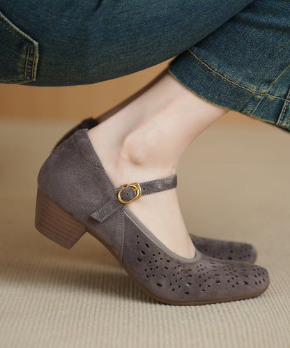 Classy Splicing Chunky High Heels Grey Suede Hollow Out Buckle Strap