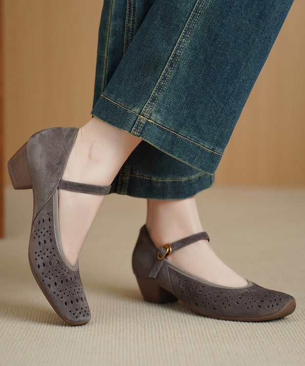 Classy Splicing Chunky High Heels Grey Suede Hollow Out Buckle Strap