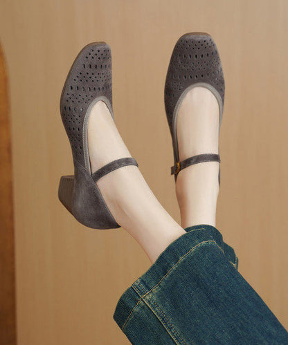 Classy Splicing Chunky High Heels Grey Suede Hollow Out Buckle Strap