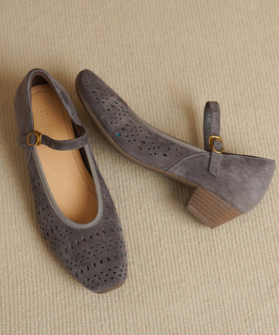 Classy Splicing Chunky High Heels Grey Suede Hollow Out Buckle Strap