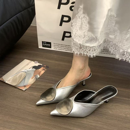 Classy Splicing Gold High Heel Faux Leather Slide Sandals