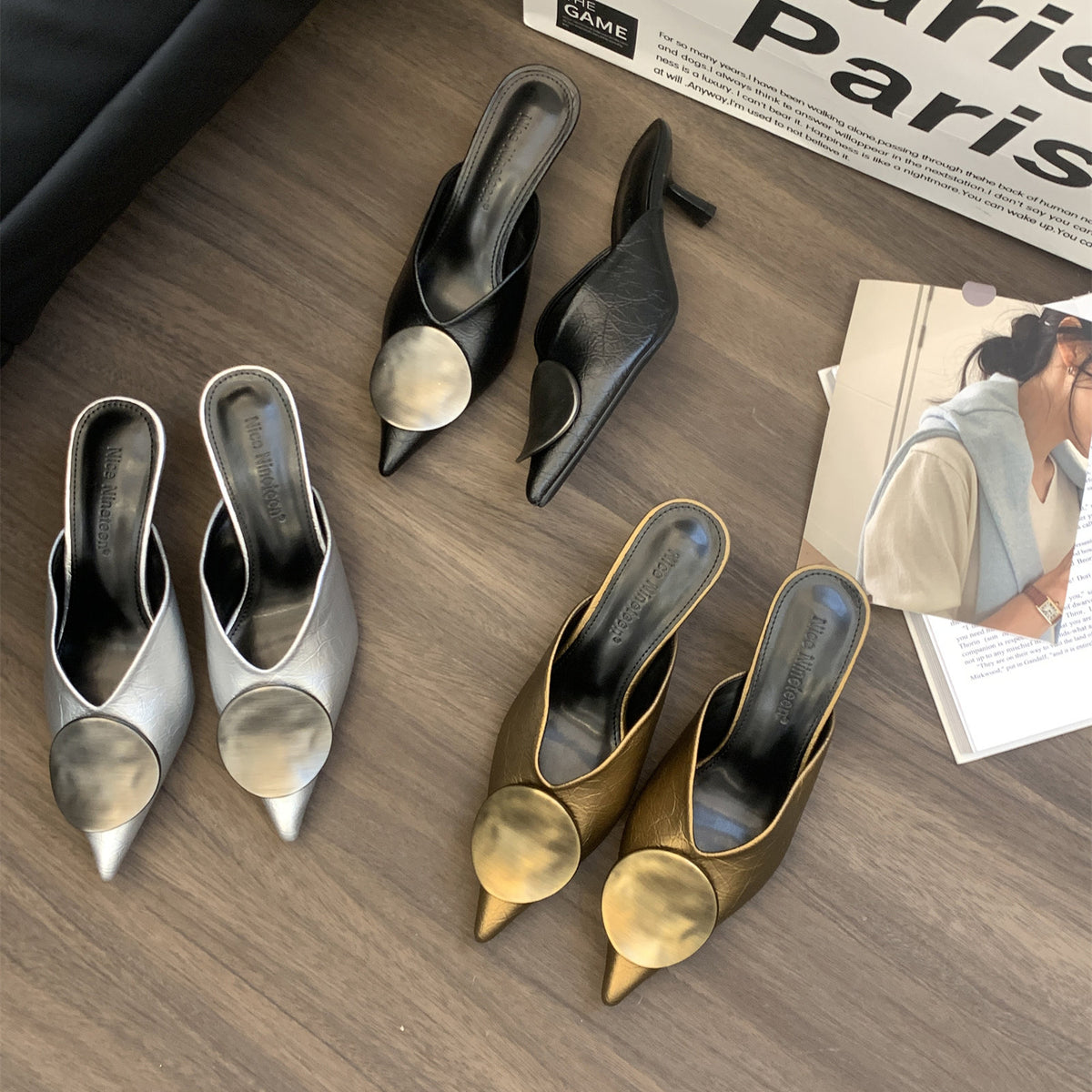 Classy Splicing Gold High Heel Faux Leather Slide Sandals