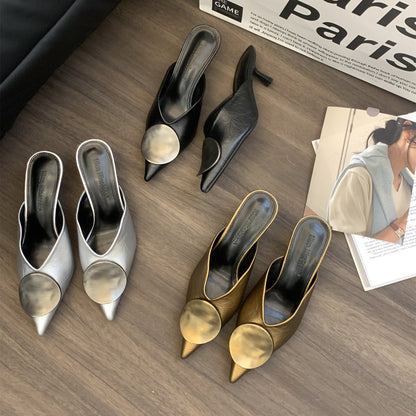 Classy Splicing Gold High Heel Faux Leather Slide Sandals