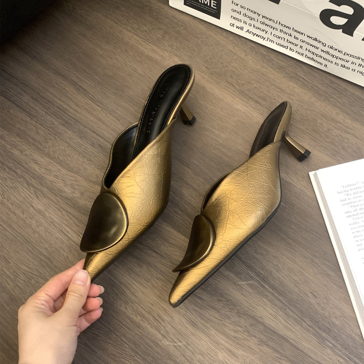 Classy Splicing Gold High Heel Faux Leather Slide Sandals