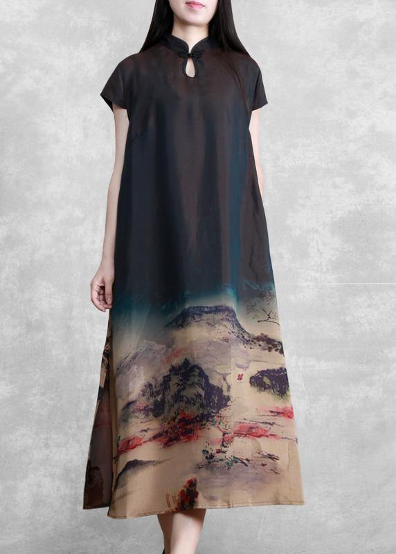 Beautiful Mountain Paiting Satin Dress Long Summer Dresses - SooLinen