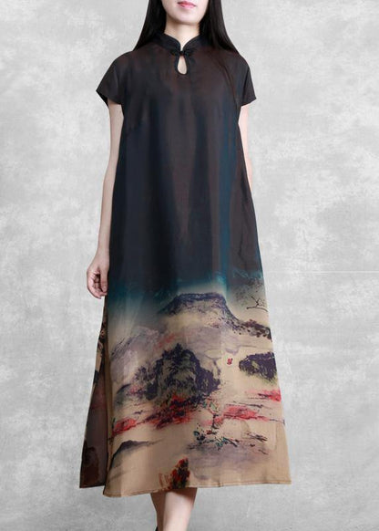 Beautiful Mountain Paiting Satin Dress Long Summer Dresses - SooLinen