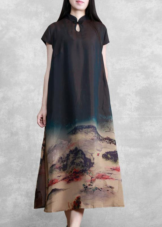 Beautiful Mountain Paiting Satin Dress Long Summer Dresses - SooLinen