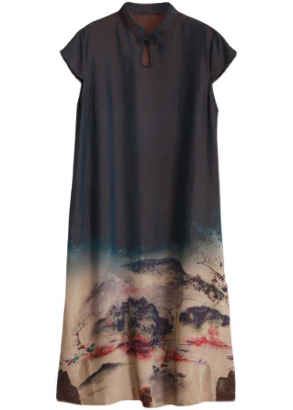 Beautiful Mountain Paiting Satin Dress Long Summer Dresses - SooLinen