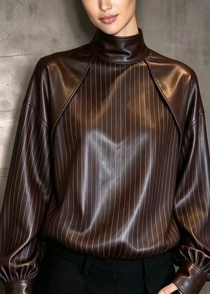 Classy Stand Collar Patchwork Faux Leather Top Fall