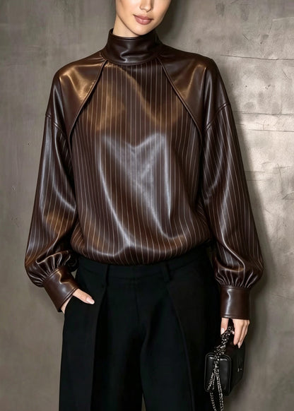 Classy Stand Collar Patchwork Faux Leather Top Fall