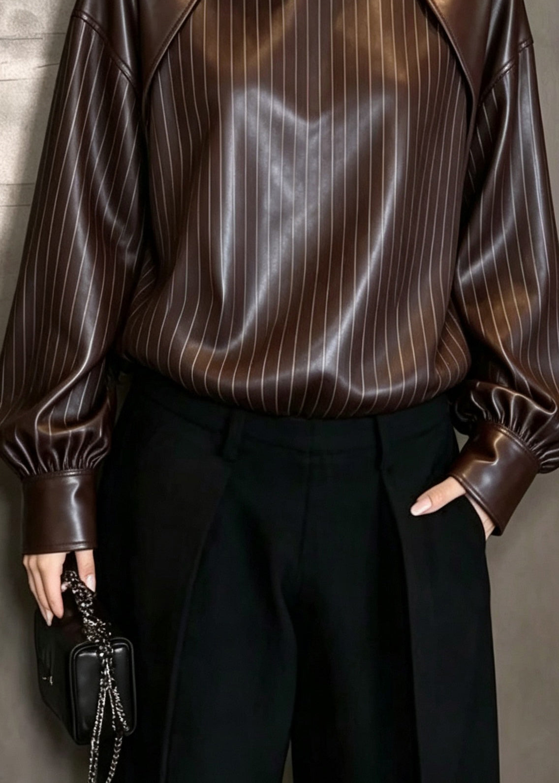 Classy Stand Collar Patchwork Faux Leather Top Fall