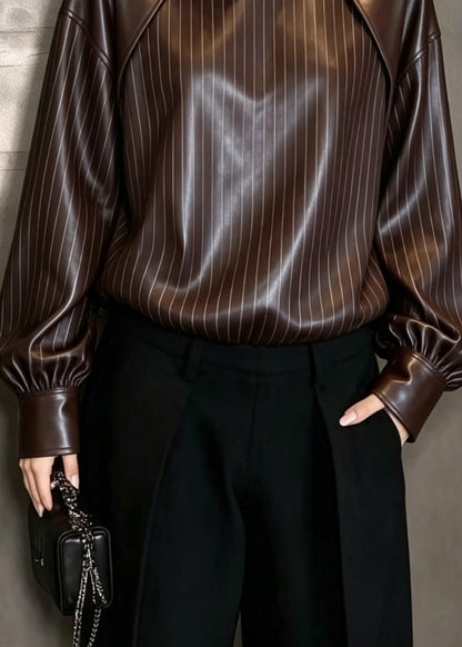 Classy Stand Collar Patchwork Faux Leather Top Fall
