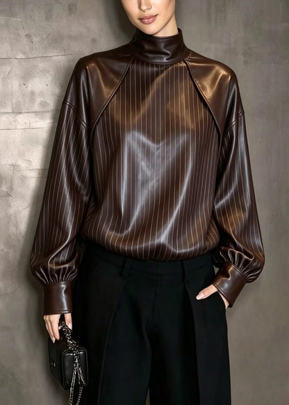 Classy Stand Collar Patchwork Faux Leather Top Fall