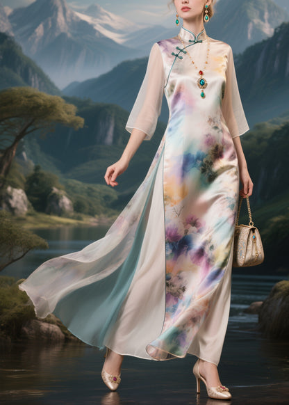 Classy Stand Collar Print Tulle Patchwork Silk Long Dress Half Sleeve