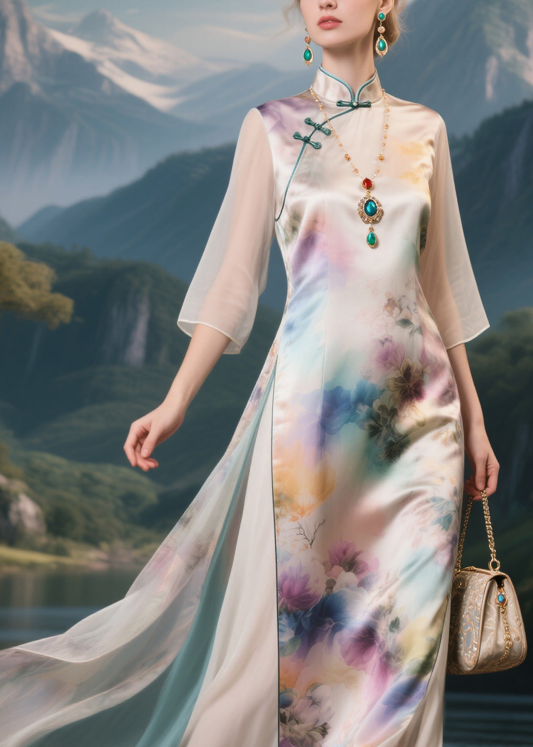Classy Stand Collar Print Tulle Patchwork Silk Long Dress Half Sleeve