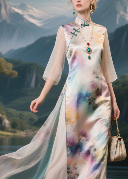 Classy Stand Collar Print Tulle Patchwork Silk Long Dress Half Sleeve