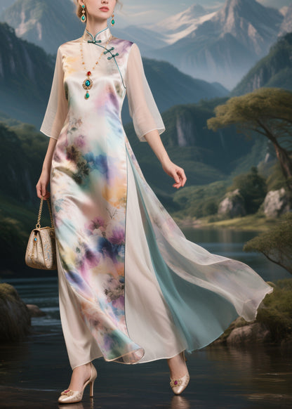 Classy Stand Collar Print Tulle Patchwork Silk Long Dress Half Sleeve