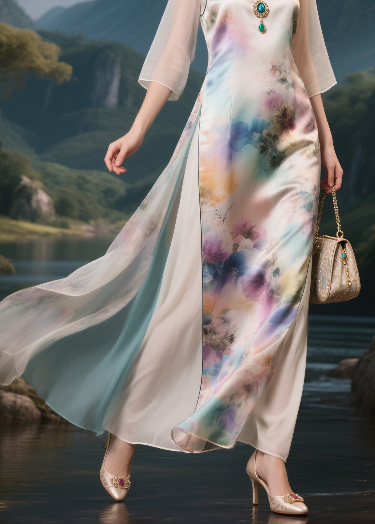 Classy Stand Collar Print Tulle Patchwork Silk Long Dress Half Sleeve
