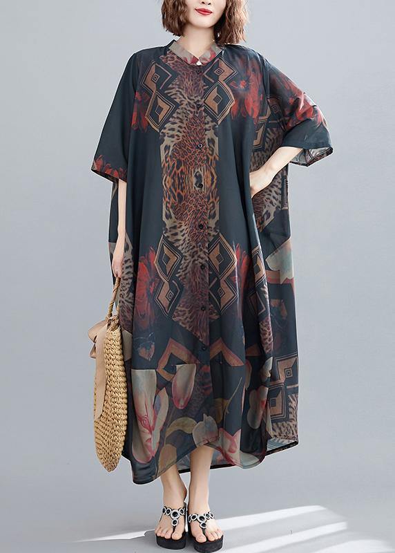 Classy Stand Collar Summer Dresses Fashion Ideas Black Abstract Pattern Long Dresses - SooLinen