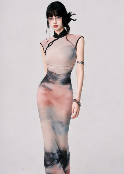 Classy Stand Collar Tie Dye Long Dress Sleeveless