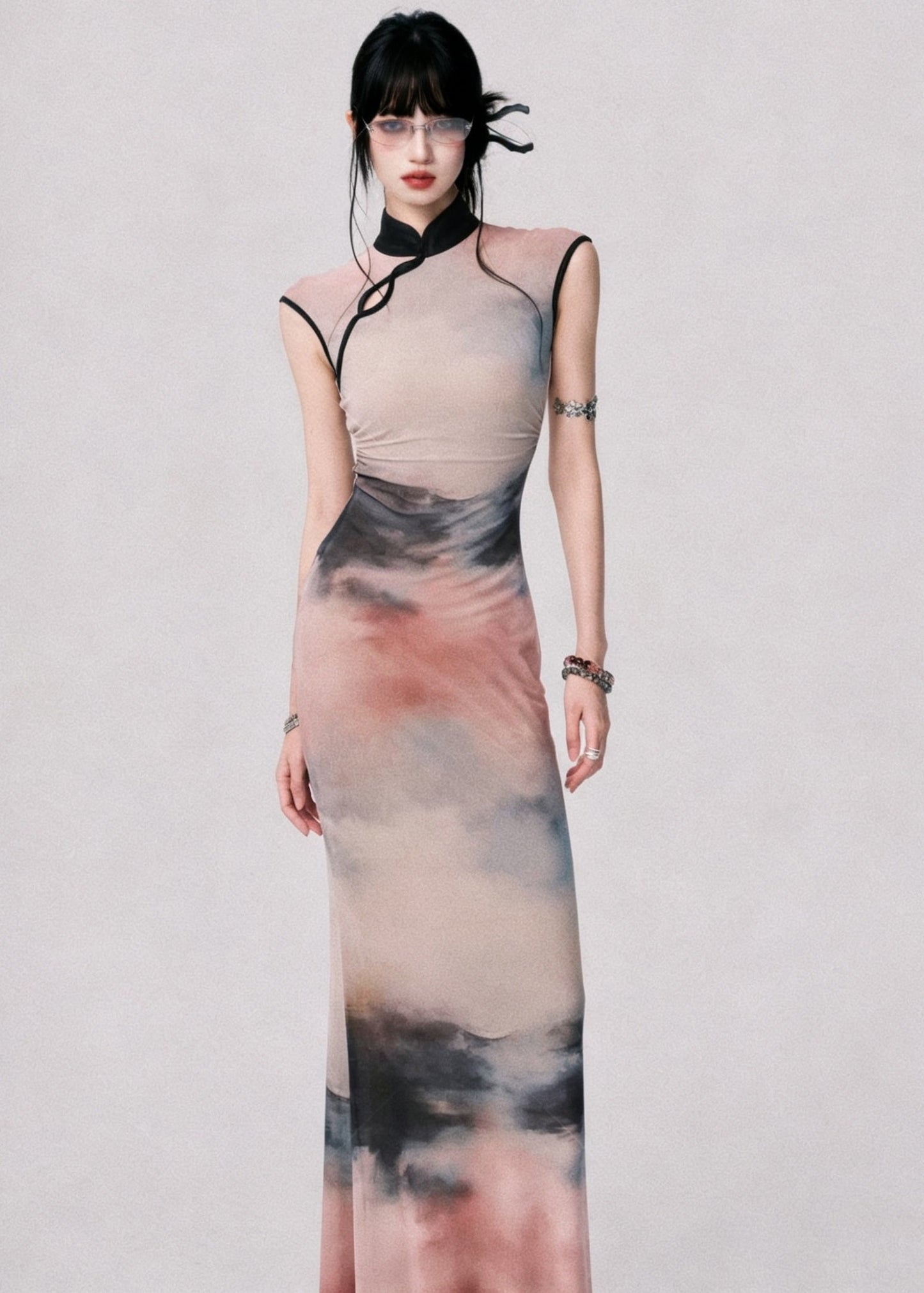Classy Stand Collar Tie Dye Long Dress Sleeveless