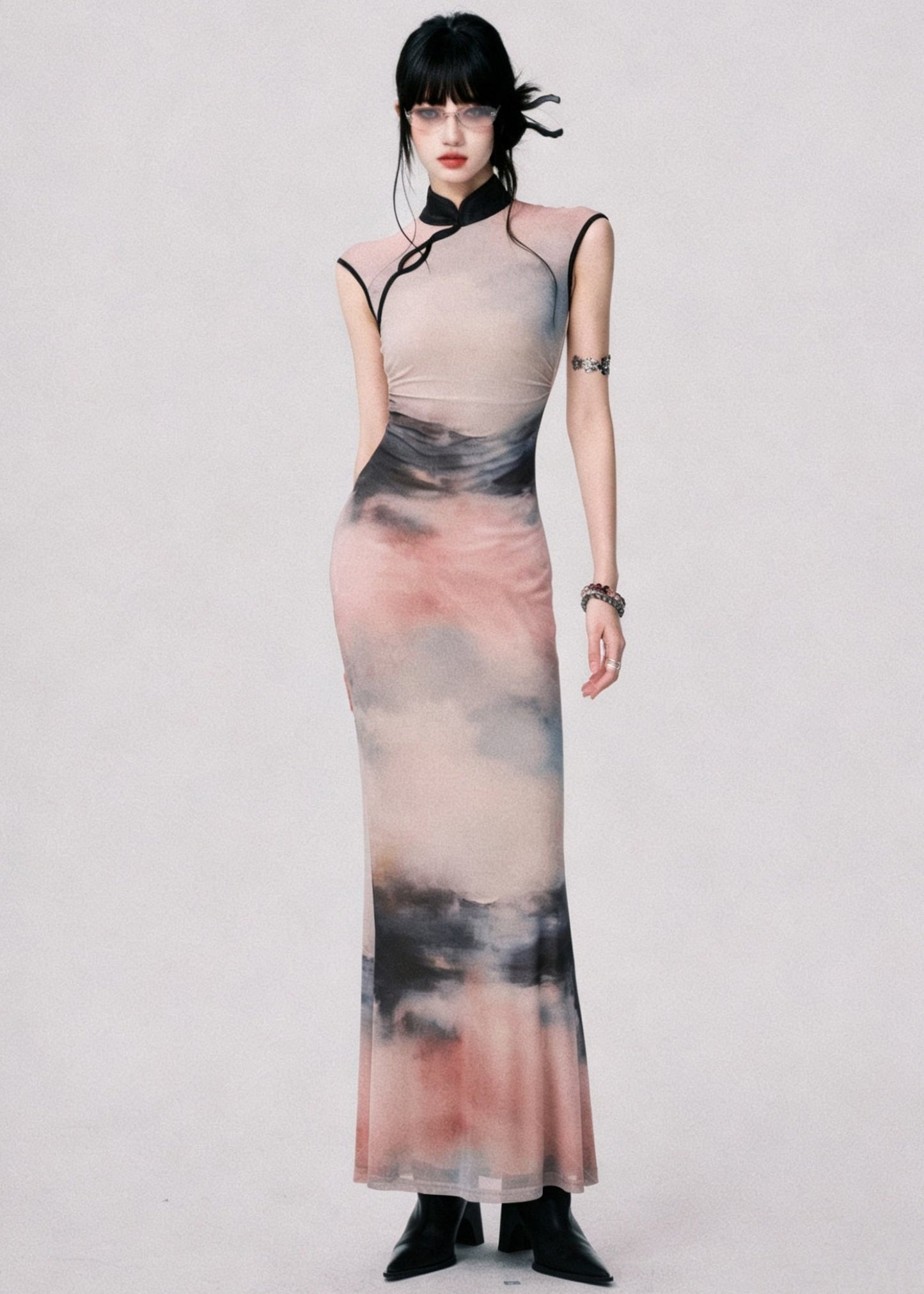 Classy Stand Collar Tie Dye Long Dress Sleeveless