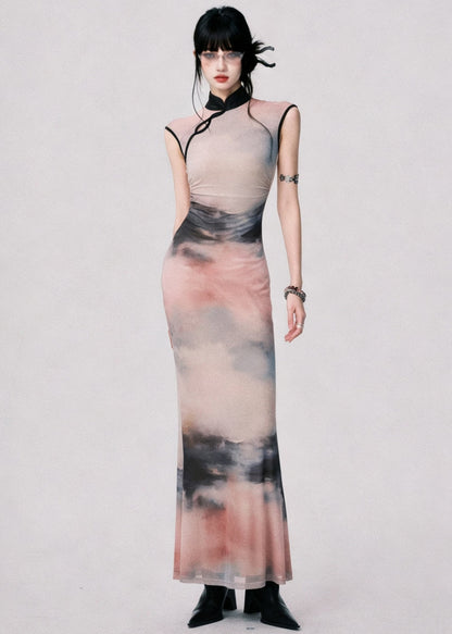 Classy Stand Collar Tie Dye Long Dress Sleeveless