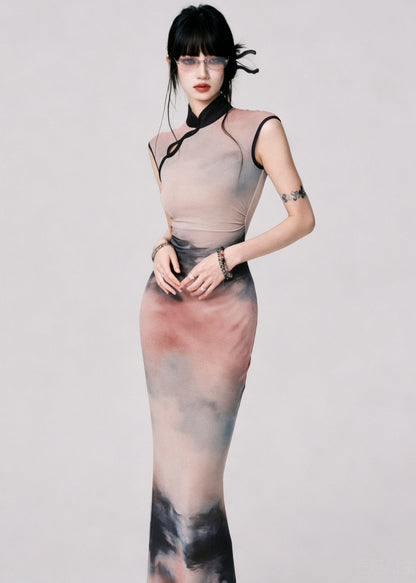 Classy Stand Collar Tie Dye Long Dress Sleeveless