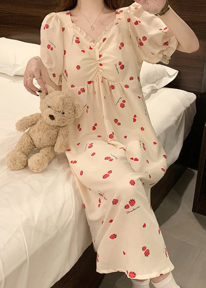 Classy Strawberry Print Ruffled Cotton Pajamas Dresses Butterfly Sleeve