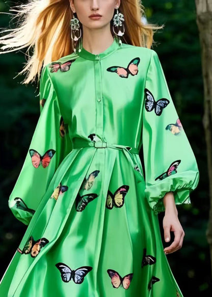 Classy Tea Green Butterfly Patchwork Lace Silk Dresses Lantern Sleeve