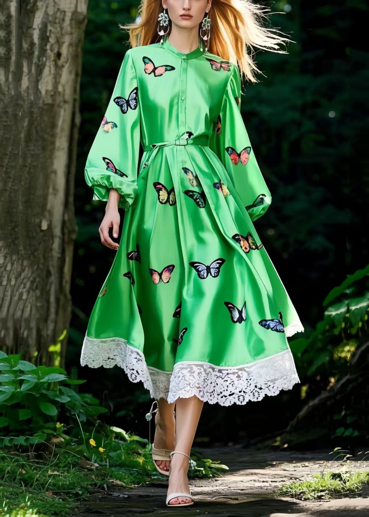 Classy Tea Green Butterfly Patchwork Lace Silk Dresses Lantern Sleeve