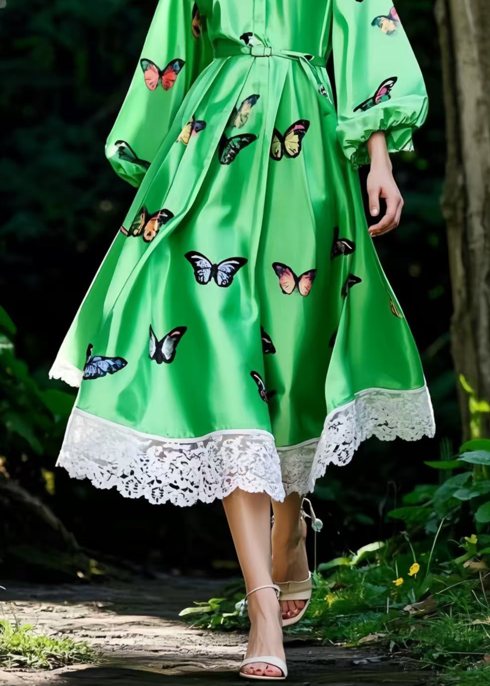 Classy Tea Green Butterfly Patchwork Lace Silk Dresses Lantern Sleeve