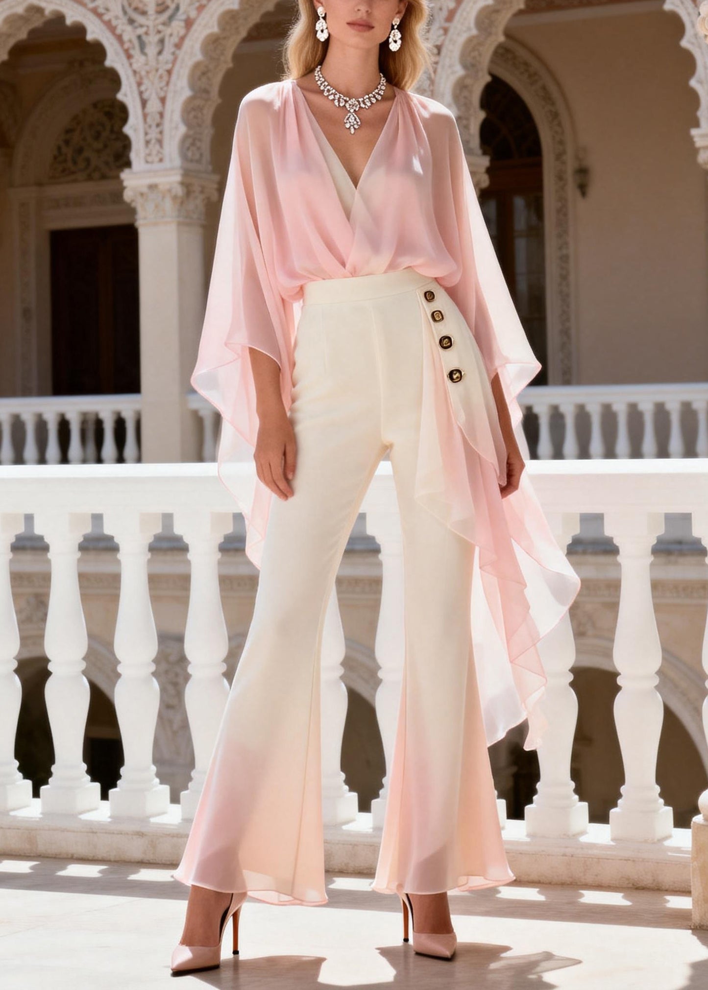 Classy V Neck Chiffon Top And Flared Trousers Spring